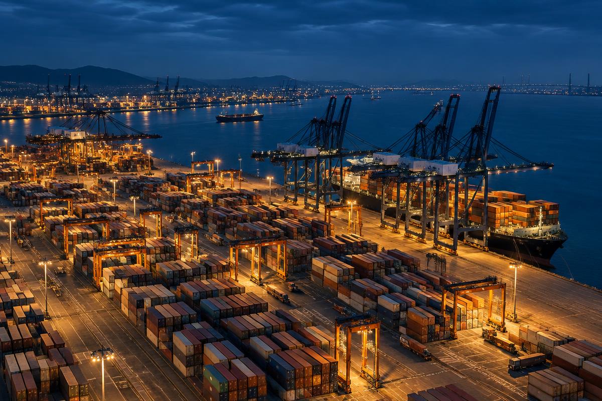 Container port operating at dusk
